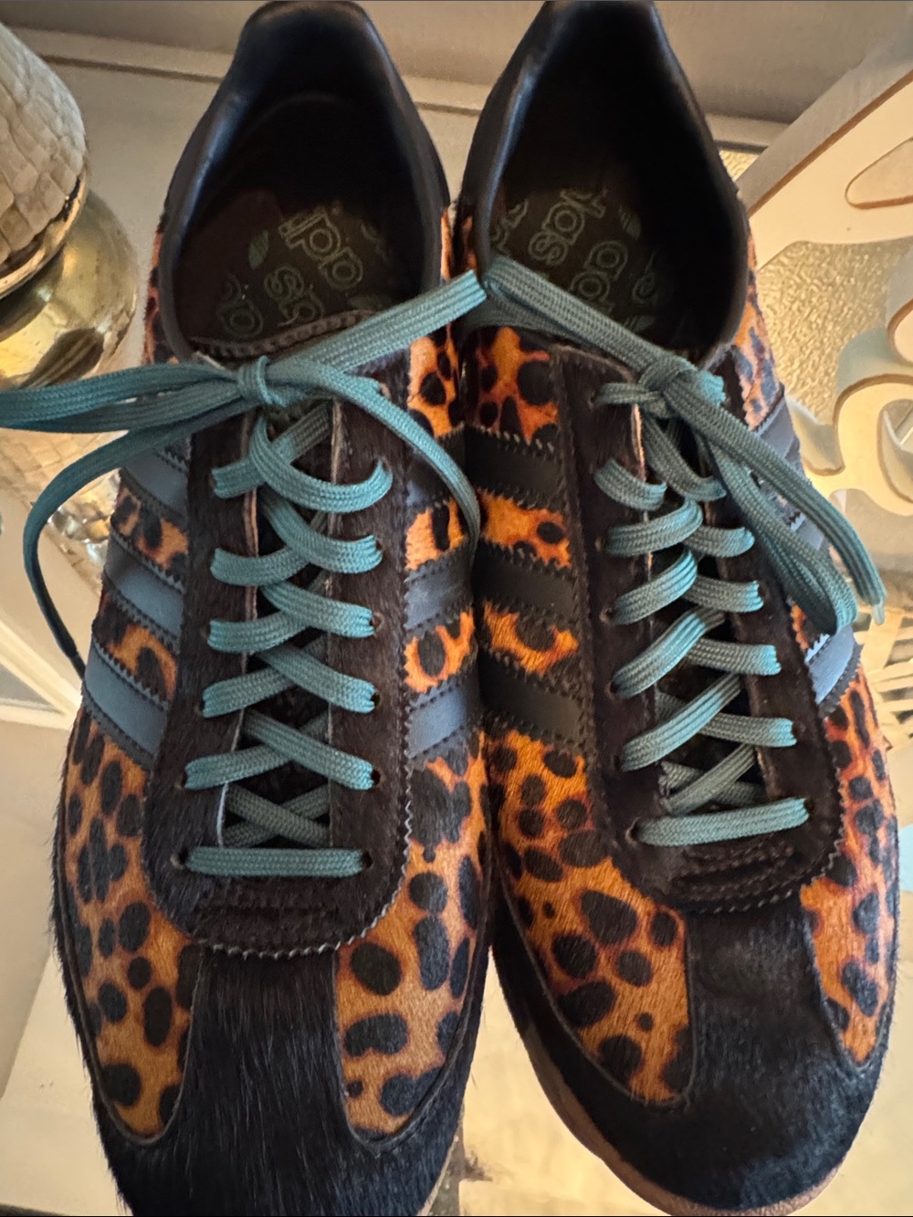 Adidas Leopard Calf Hair Sneakers with Black Stripes and Green Laces - Picture 2 of 8